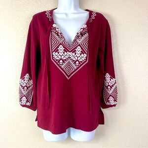 J. Crew Burgundy Embroidered Boho Balloon Sleeve Blouse Size XS